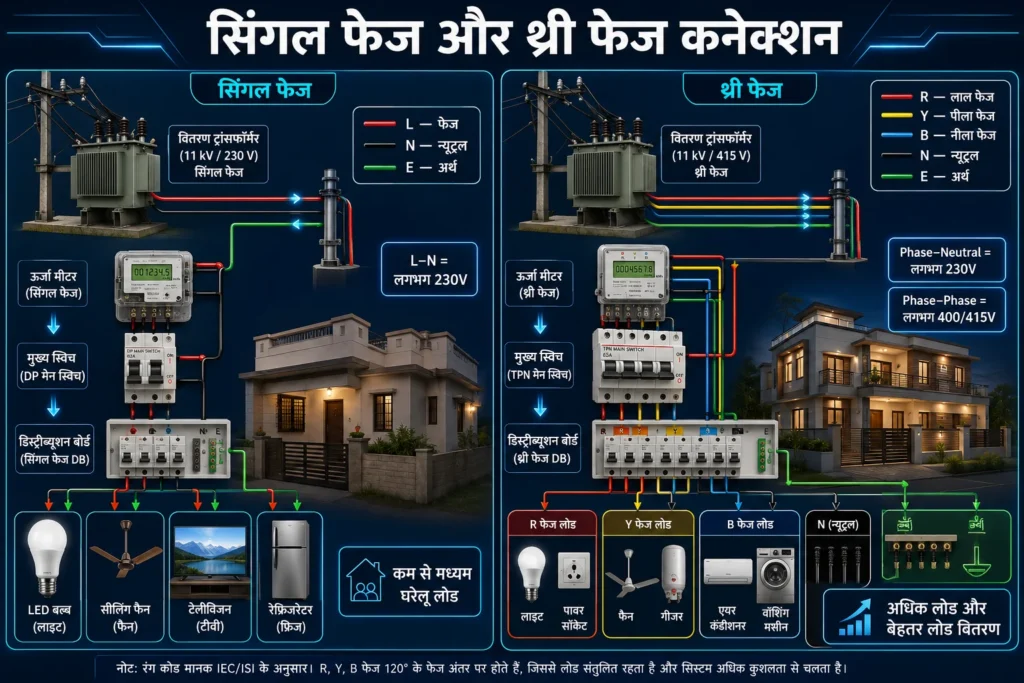 सिंगल फेज और थ्री फेज बिजली कनेक्शन में क्या अंतर है? 2 सिंगल फेज और थ्री फेज बिजली कनेक्शन में क्या अंतर है?