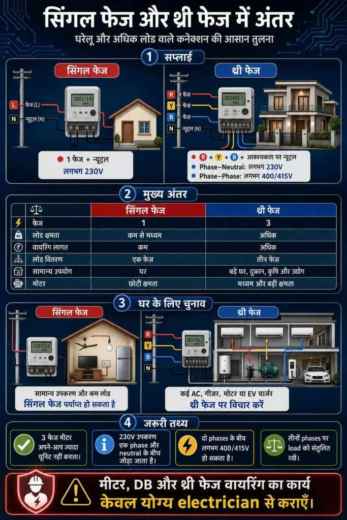 सिंगल फेज और थ्री फेज बिजली कनेक्शन में क्या अंतर है? 3 सिंगल फेज और थ्री फेज बिजली कनेक्शन में क्या अंतर है?