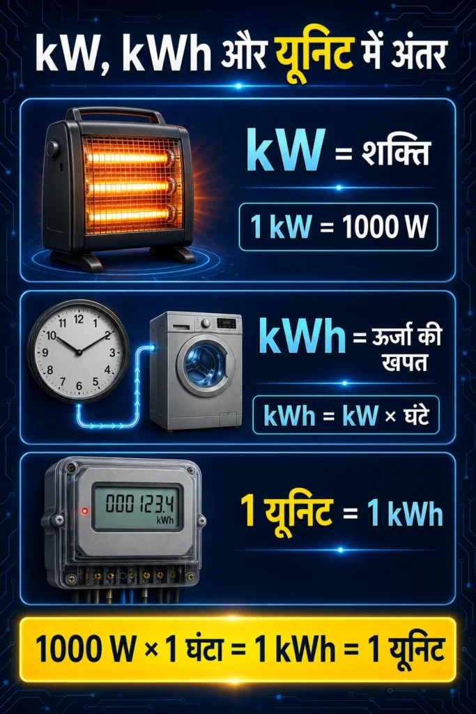 यूनिट (kWh) क्या होती है? 1 यूनिट कितने kWh और बिजली की पूरी गणना 1 यूनिट (kWh) क्या होती है?