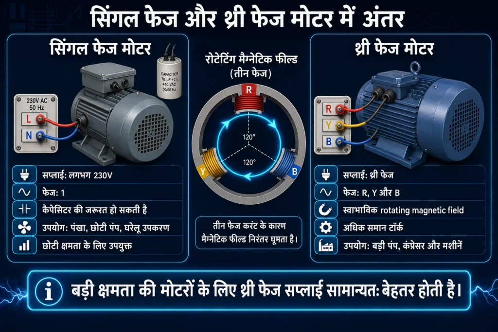 सिंगल फेज और थ्री फेज बिजली कनेक्शन में क्या अंतर है? 9 सिंगल फेज और थ्री फेज सप्लाई में क्या अंतर है?