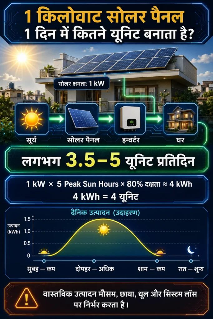 यूनिट (kWh) क्या होती है? 1 यूनिट कितने kWh और बिजली की पूरी गणना 4 1 किलोवाट सोलर पैनल 1 दिन में कितने यूनिट बिजली बनाता है?